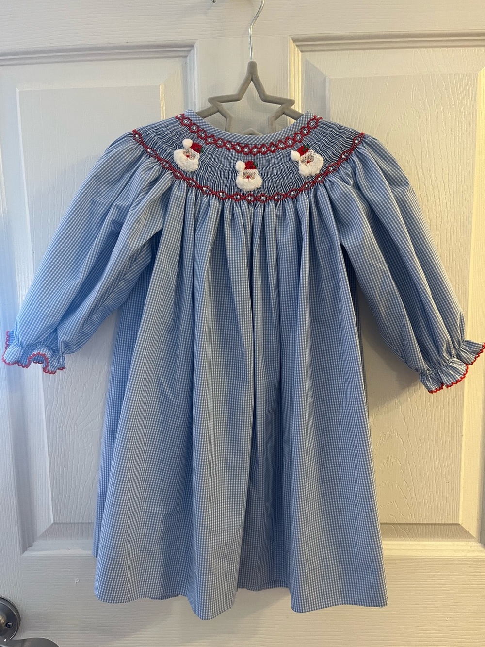 Stitchy Fish Smocked Santa Christmas Dress Blue Gingham Holiday Girls